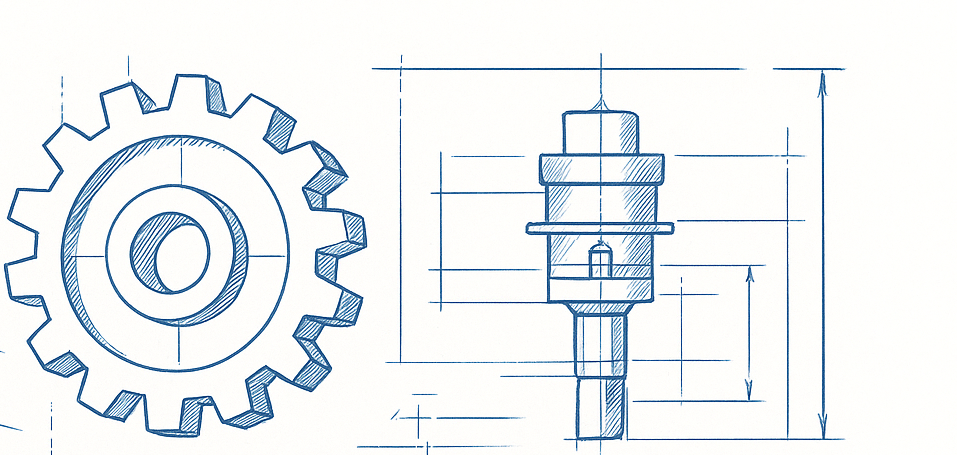 Tekninen luonnos hammasrattaasta ja komponentista